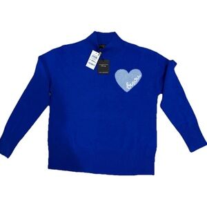 Charter Club Cobalt Crewneck Sweater with Light Blue Heart 'bisou'